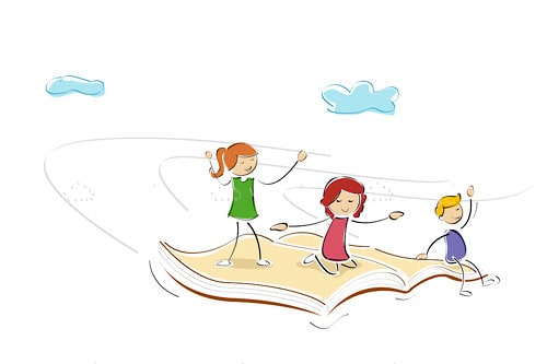 Cute Kids Flying on Open Book in Sketch Style